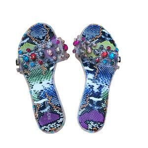 Fashion Nova jewelled colorful faux snakeskin slides, size 10